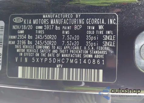 2021 Kia Telluride Sx z USA, uszkodzony, nr VIN 5XYP5DHC7MG140861